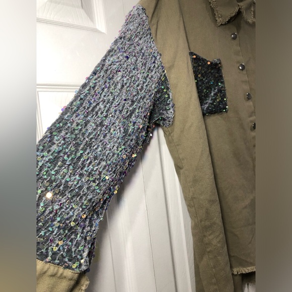 Women Sequin Patchwork Long Sleeve Sparkle Casual Glitter Jeans Bomber Jacket - Picture 4 of 10